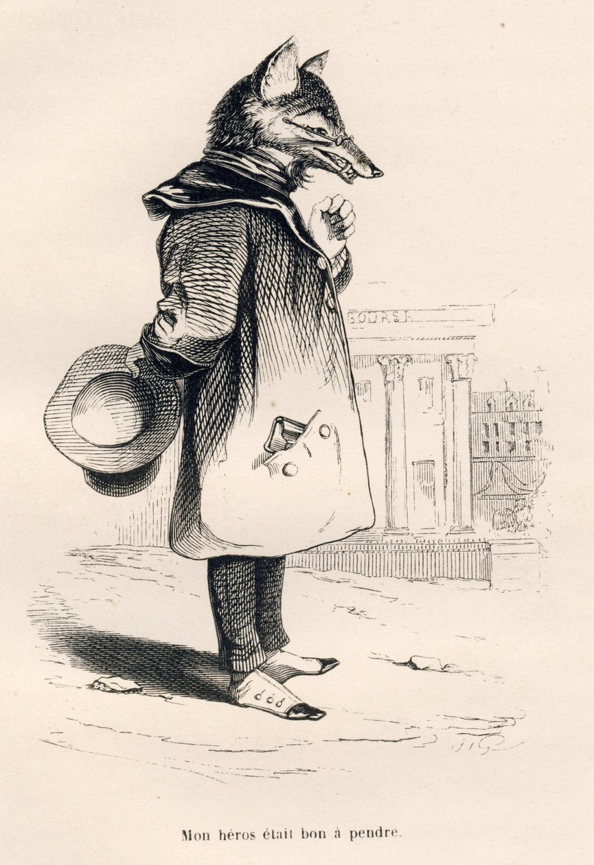 Min hjälte var bra att ta. Vinjetter illustrerade av JJ Granville. Gravyr signerad Godard i avsnittet med titeln "En räv fångad i en fälla" skriven av Charles Nodier i "Scener av djurens privata och offentliga liv". Paris, J. Hetzel och Paulin av Grandville