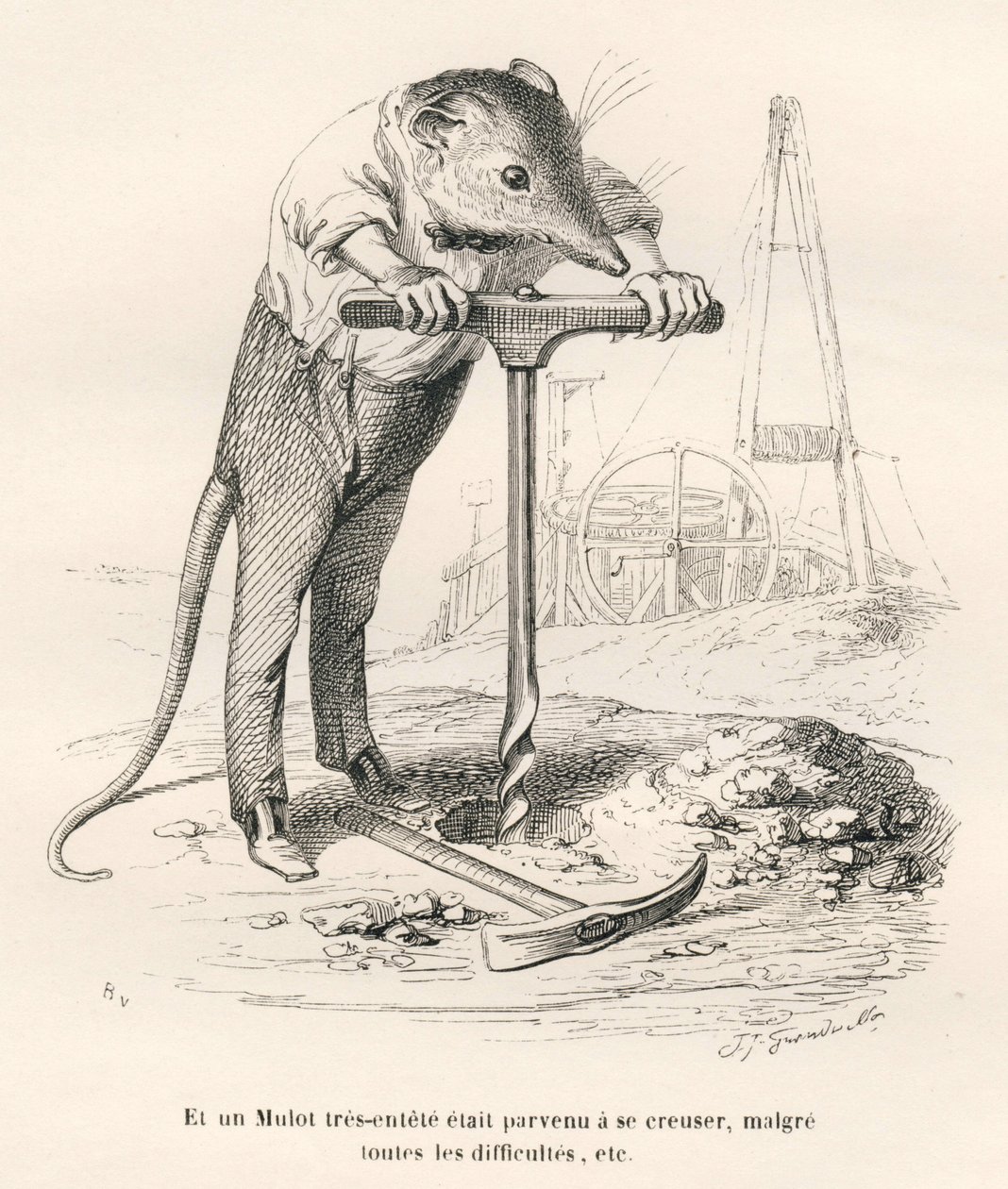 Mulot perforerar marken. Illustrerade vinjetter av JJ Granville. Gravyr signerad Breviere i delen "Souvenirs d