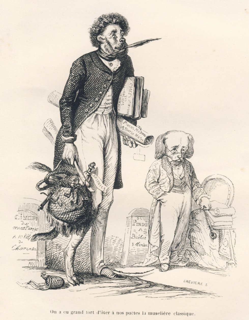 Vi hade mycket fel när vi berövade våra poeter det klassiska nospartiet. Vinjetter illustrerade av JJ Granville. Gravyr signerad Breviere i delen med titeln "Le premier feuilleton de Pistolet" skriven av Jules Janin i "Scener från årens privata och offentl av Grandville