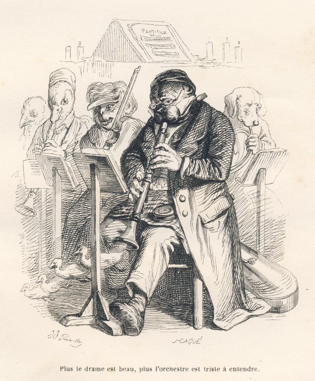 Orkester med en hund som spelar flöjt med kycklingar som kommer ut ur musikinstrumentet. Miniatyrer illustrerade av JJ Granville. Gravyr signerad Caque i delen med titeln "The first serial of Pistolet" skriven av Jules Janin i "Scenes de l av Grandville