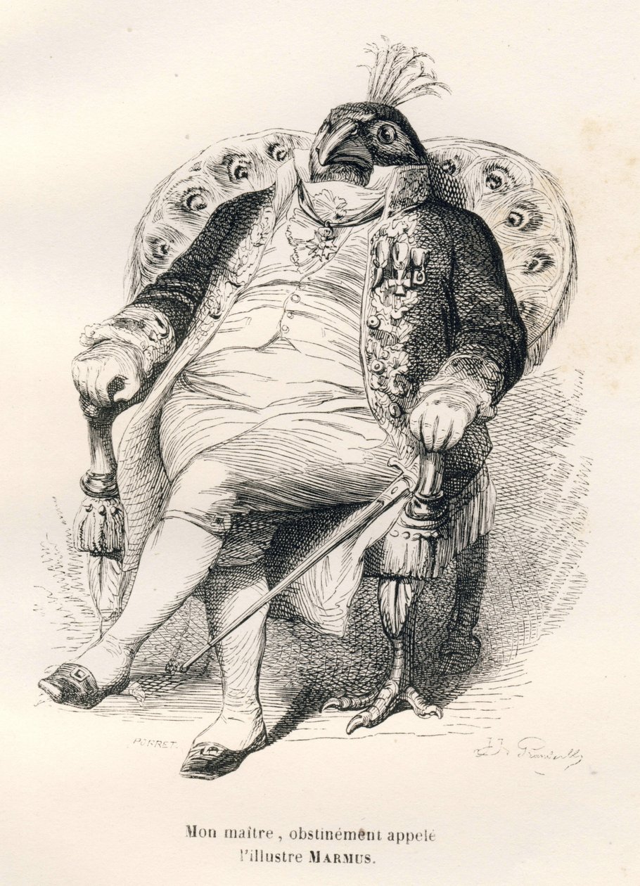 Påfågel sitter i sin stol. Vinjetter illustrerade av JJ Granville. Gravyr signerad Porret i delen med titeln "Guide-åsna för användning av djur som vill uppnå utmärkelser" skriven av Honore De Balzac i "Scener av privat och offentligt liv i en av Grandville