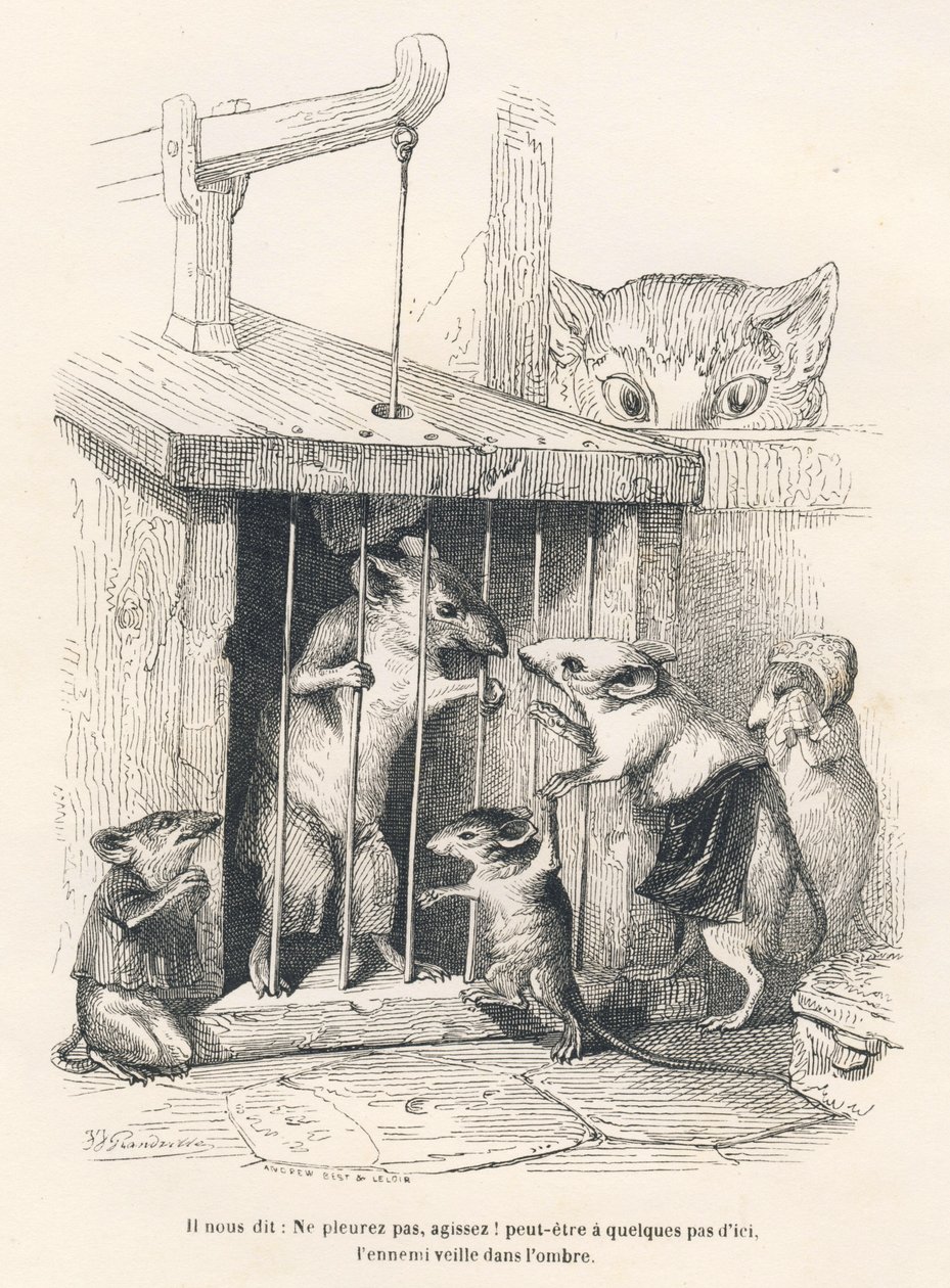 Fälla: Katt som tittar efter möss som har kommit för att sörja den som tagits till fånga. Miniatyrer illustrerade av JJ Granville. Gravyr signerad Andrew, Best och Leloir i delen med titeln "The philosopher rat" skriven av Edouard Lemoine i "Scener av priv av Grandville