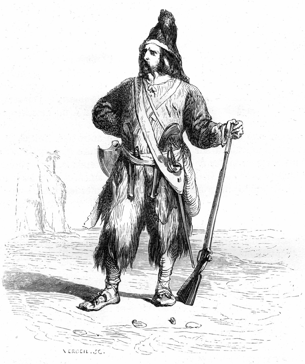 Porträtt av Robinson Crusoe på sin öde ö med geväret och diverse vapen i bältet - Grandville-illustration till Daniel Defoes roman (De Foe) - Garnier-utgåva 1869 s 155. av Grandville (1803 47)