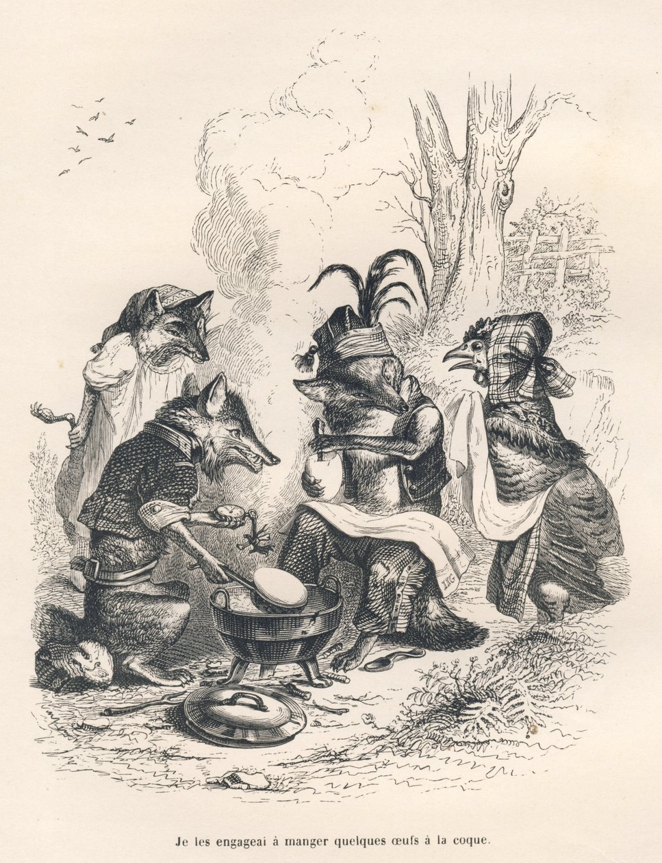 Rävar som äter ägg a la coq framför en gråtande höna. Vignetter illustrerade av JJ Granville. Gravyr signerad Godard i delen "Un renard pris au piege" skriven av Charles Nodier i "Scenes de la vie privee et publique des animaux". av Grandville