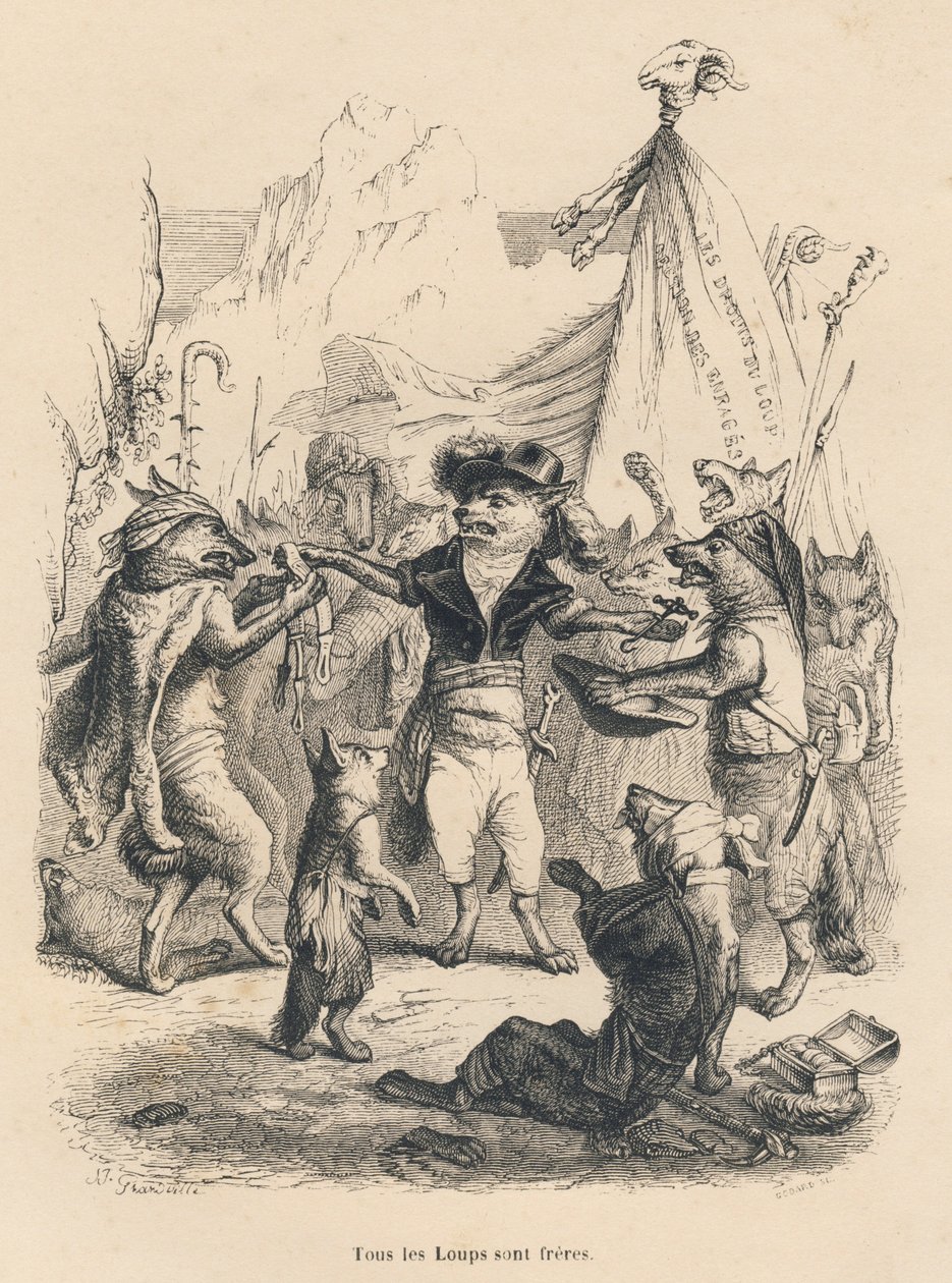 Vargarnas revolution och vargens frihet och rättigheter. Illustrerade vinjetter av JJ Granville. Gravyr signerad Godard i delen "Voyage d