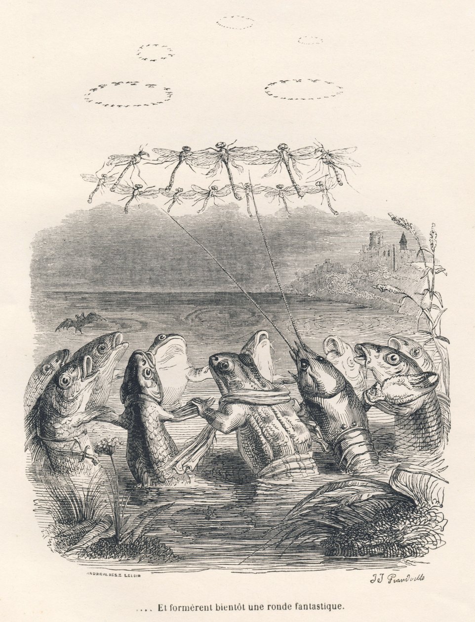 Omgång av vattendjur och trollsländor. Miniatyrer illustrerade av JJ Granville. Gravyr signerad Andrew, Best och Leloir i delen med titeln "Memories of an old crow" skriven av PJ Stahl i "Scener från djurens privata och offentliga liv". P av Grandville