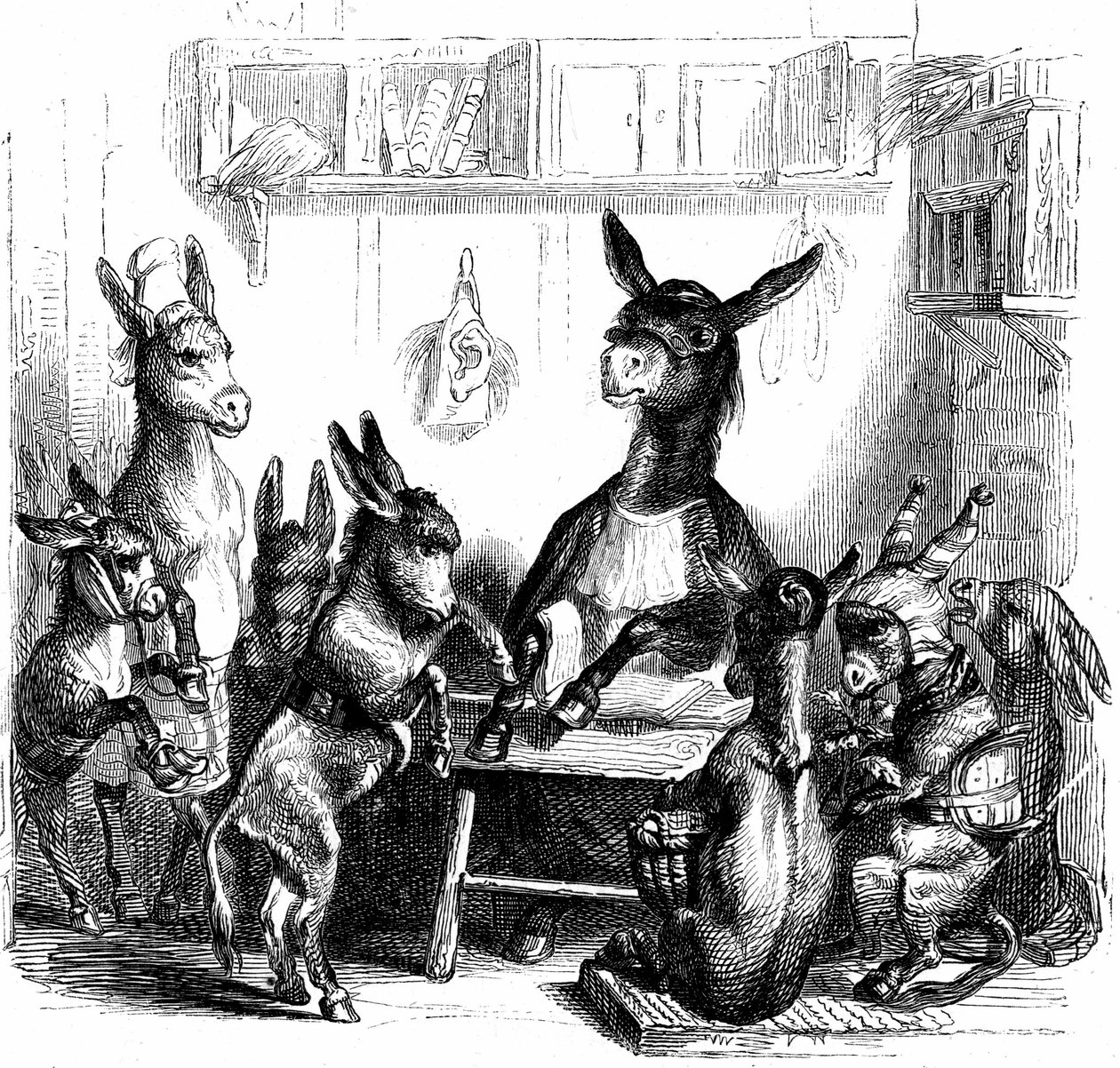 Scen ur "Les animaux peints par eux-memes - Vie privee et publique des animaux" skriven av Balzac av Grandville (1803 47)