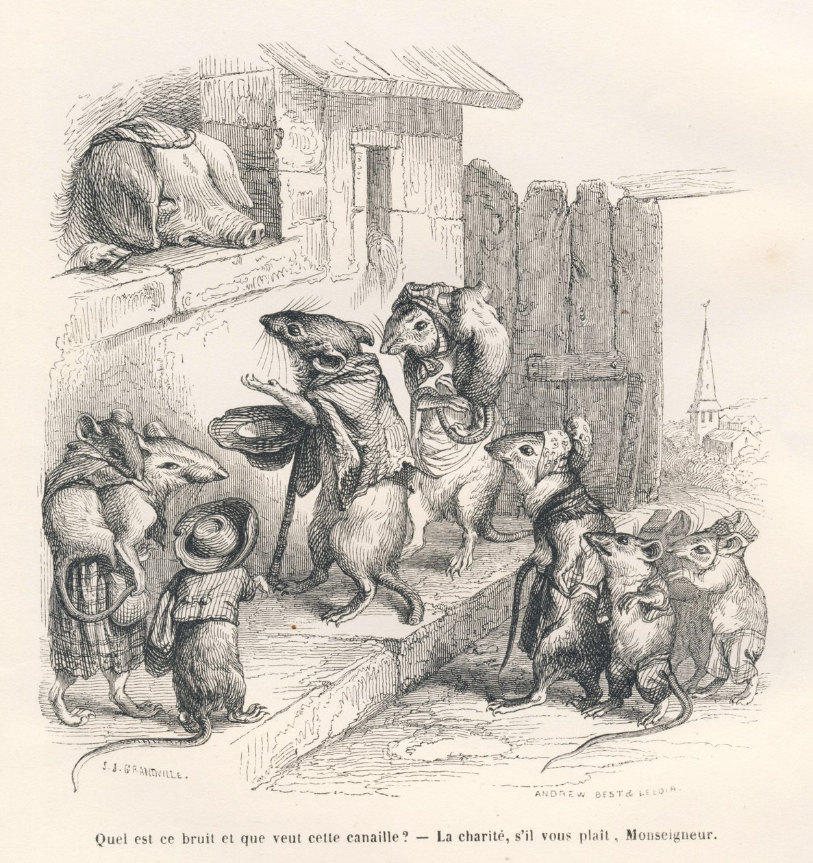 Mus som ger välgörenhet till en gris. Vignetter illustrerade av JJ Granville. Gravyr signerad Andrew, Best och Leloir i delen "Le rat philosophe" skriven av Edouard Lemoine i "Scenes de la vie privee et publique des animaux". Paris, J. Hetz av Grandville