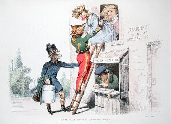 Bortförandet eller den listiga Ruse, karikatyr från serien "Les Metamorphoses du Jour", omtryckt 1854 (färgad gravyr) av Grandville