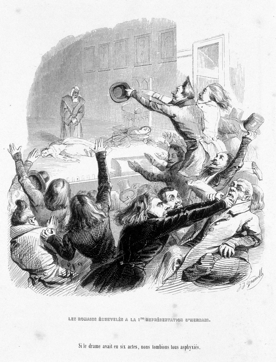 Romarna har den första representationen av Hernani av Victor Hugo (1830). Tecknad film i "" Jerome Paturot på jakt efter en social position"" skriven av Louis Reybaud av Grandville