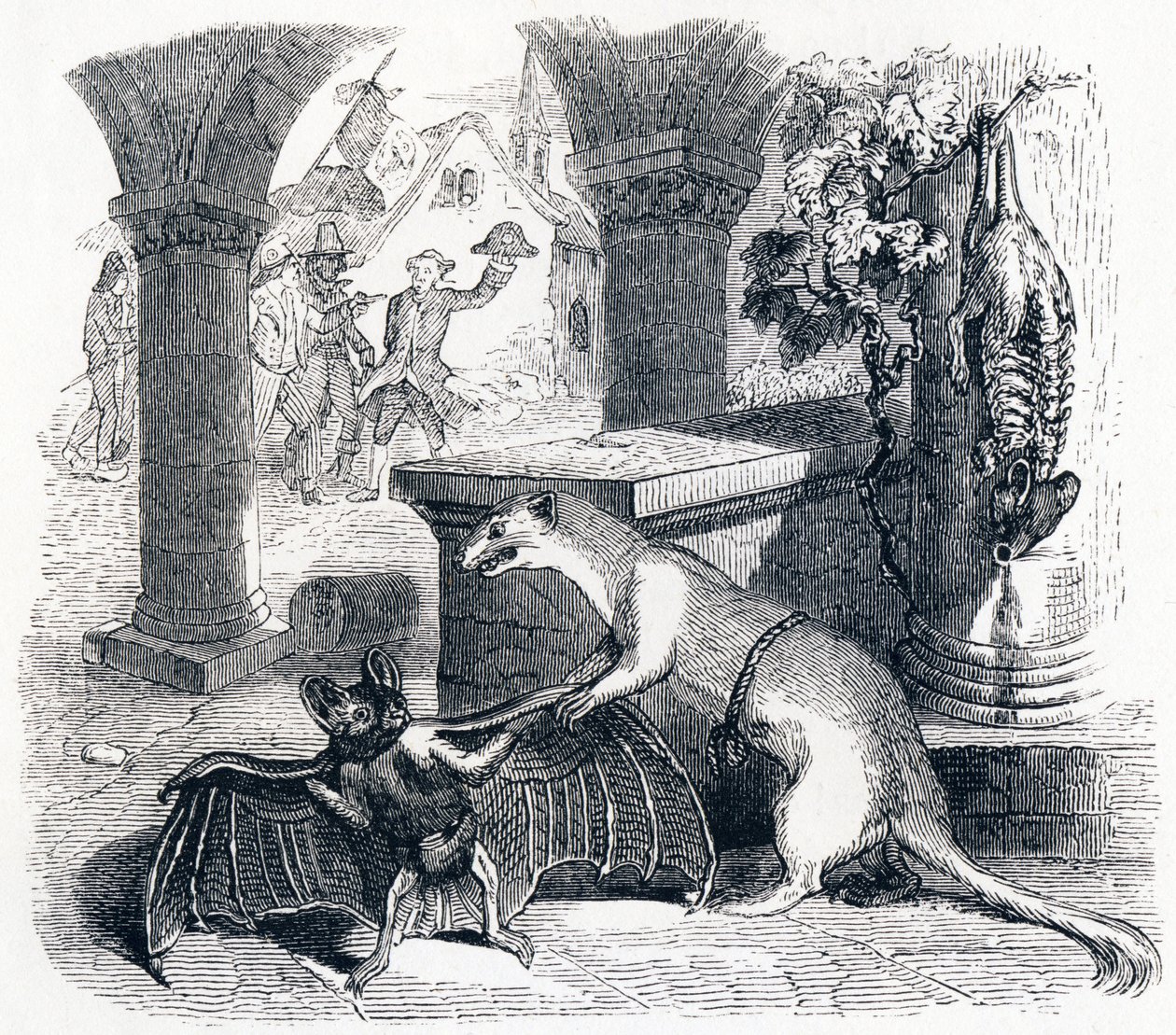 Fladdermusen och de två vesslorna - Fables av La Fontaine av Grandville