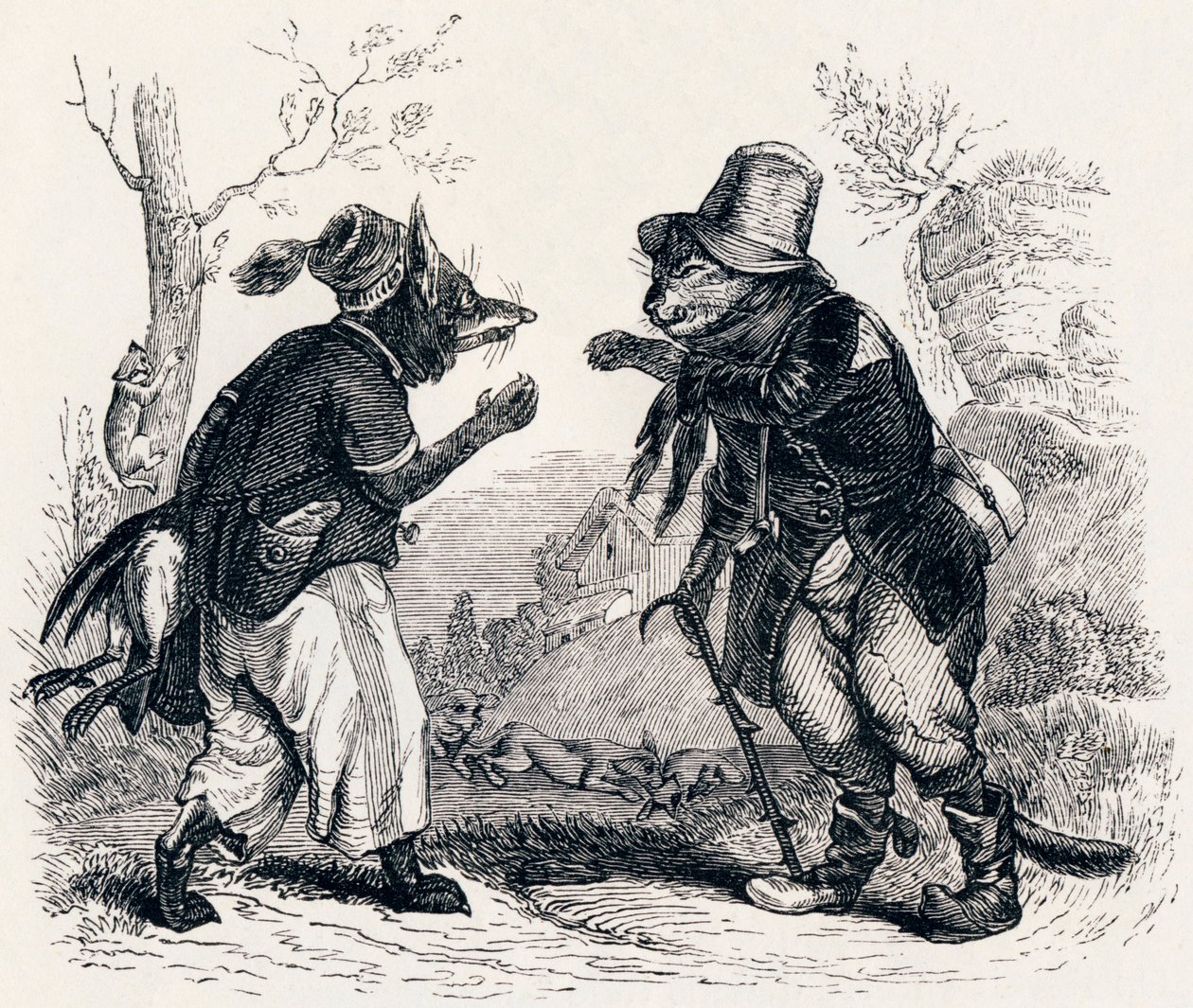 Katten och räven (Le chat et le renard) - Fabler av La Fontaine av Grandville