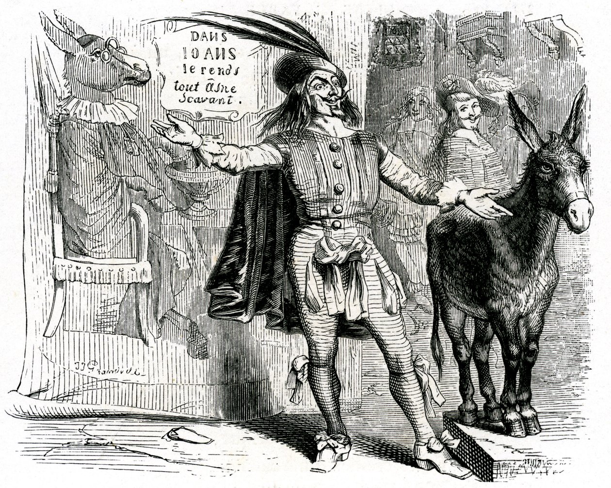 Charlatanen: La Fontaines fabel illustrerad av Grandville. Edition Garnier 1860. Den här skepparen gör det svårt att få alla åsnor att bli vetenskapsmän. av Grandville (1803 47)
