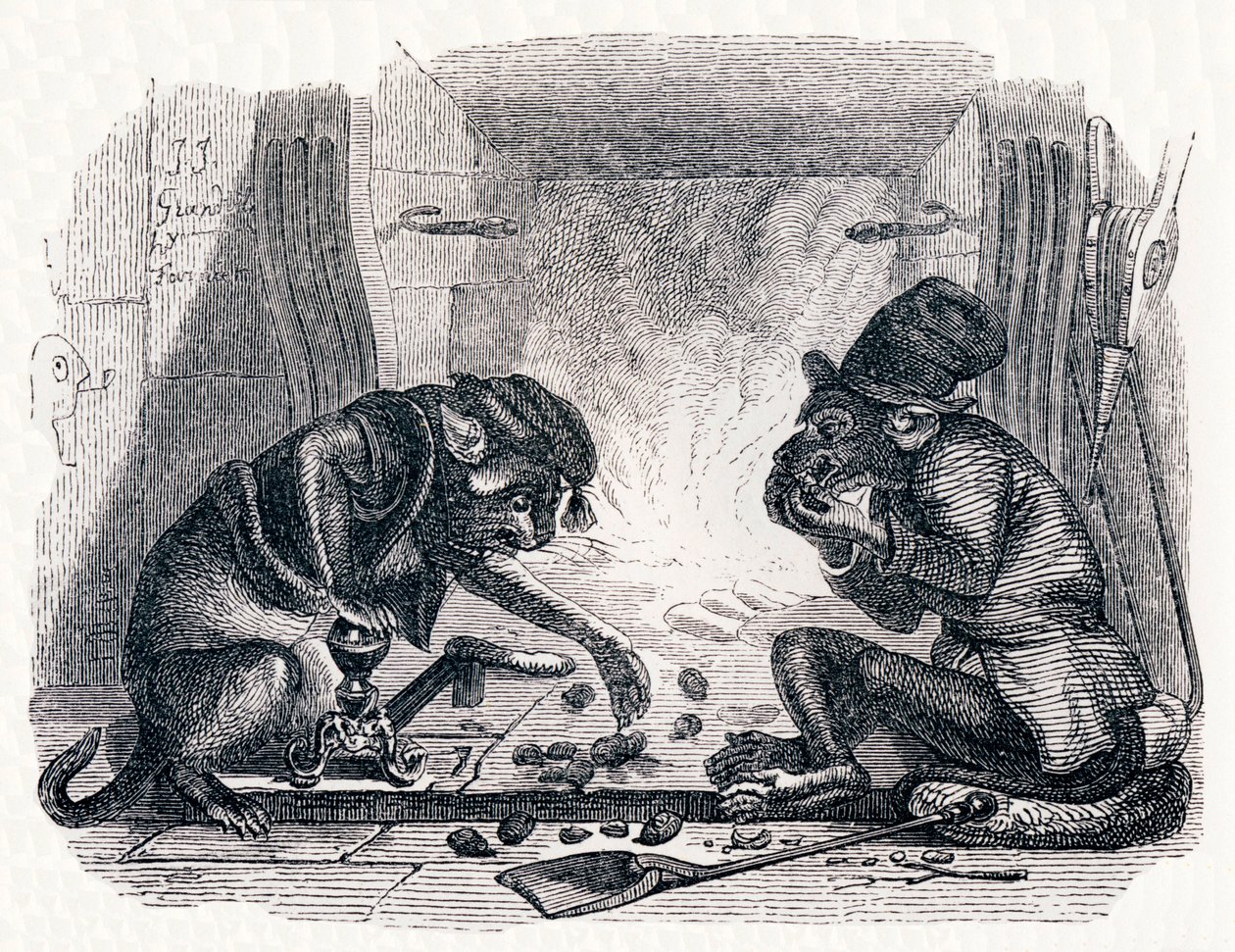 Åsnan och katten (Le singe et le chat) - Fabler av La Fontaine av Grandville