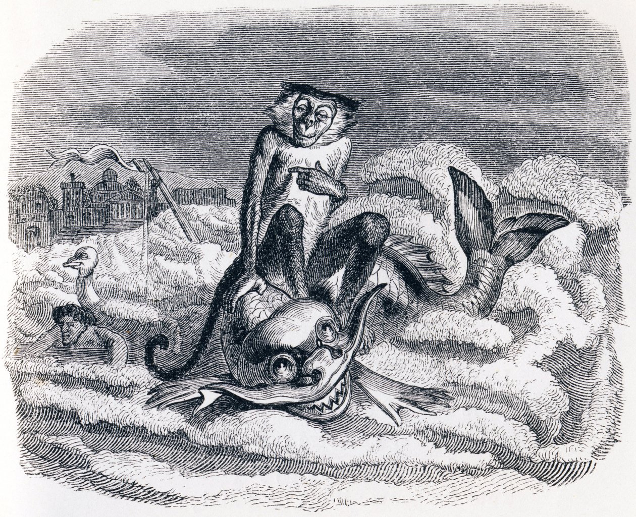 Åsnan och delfinen (Le singe et le dauphin) - Fabler av La Fontaine av Grandville