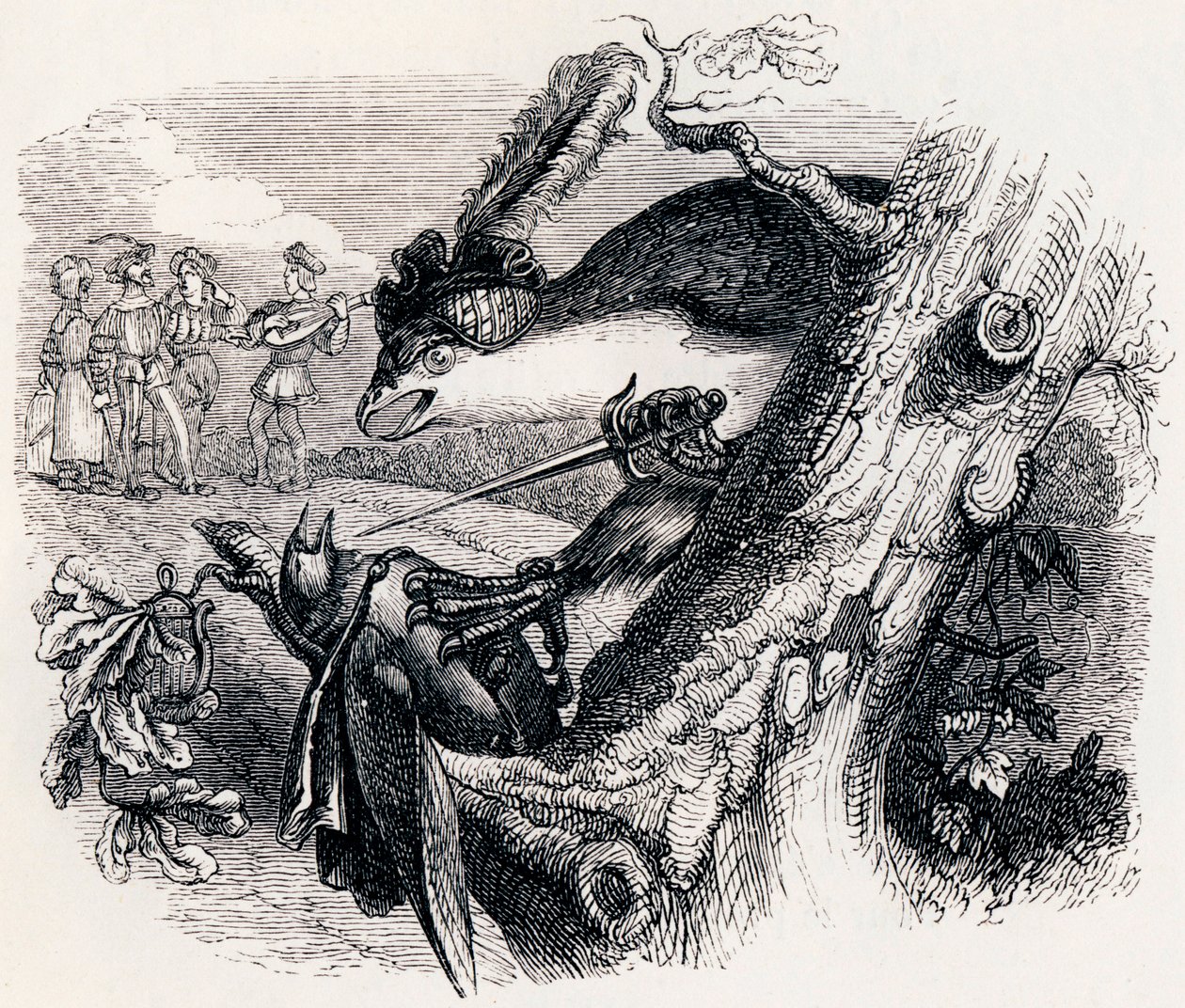 Draken och näktergalen (Le milan et le rossignol) - Fabler av La Fontaine av Grandville