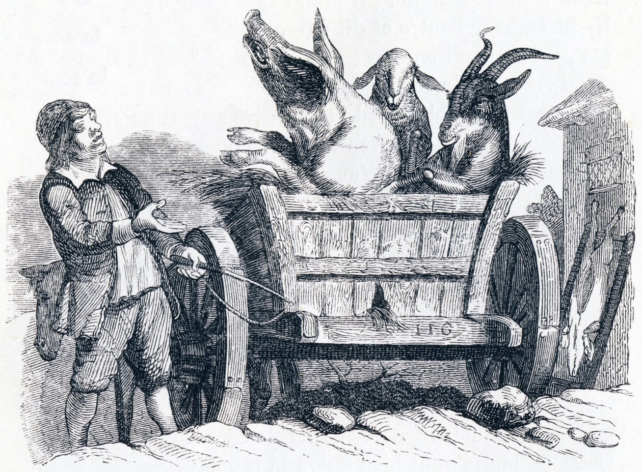 Grisen, geten och fåret (le cochon, la chèvre et le mouton) - Fabler av La Fontaine av Grandville