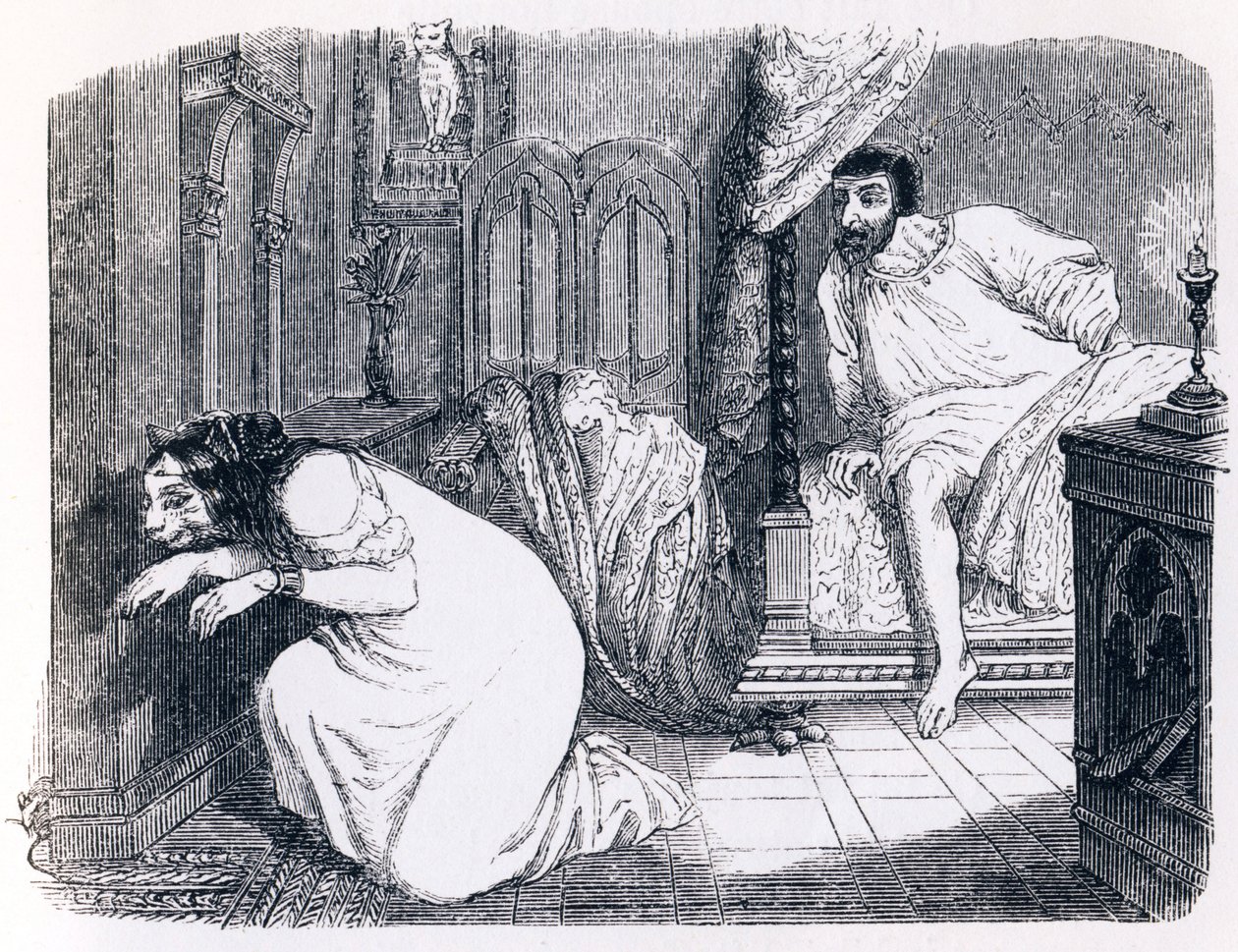Fittan förvandlades till en kvinna (La chatte metamorphose en femme) - Fables av La Fontaine av Grandville