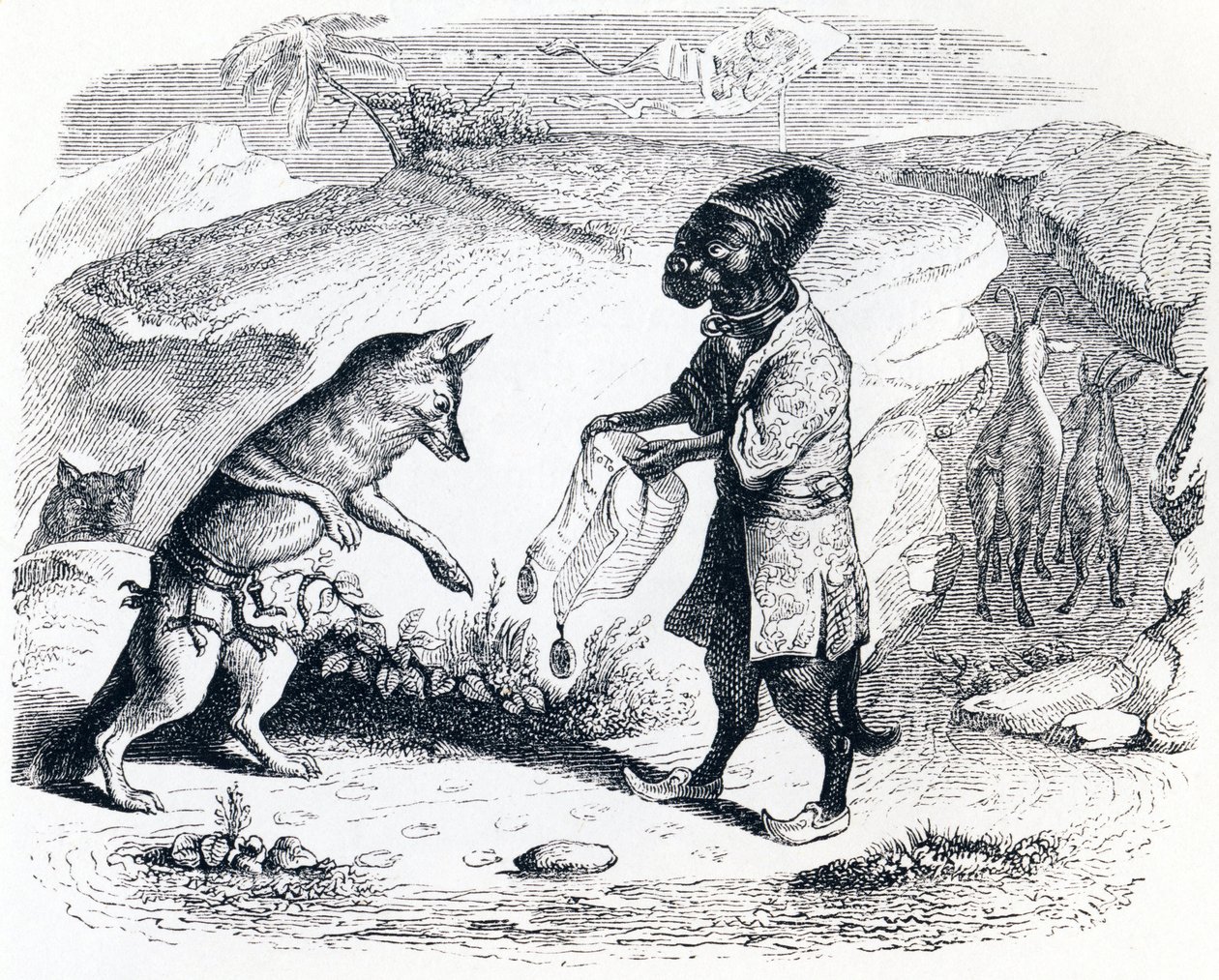 Det sjuka lejonet och räven (Le lion malade et le renard) - Fabler av La Fontaine av Grandville