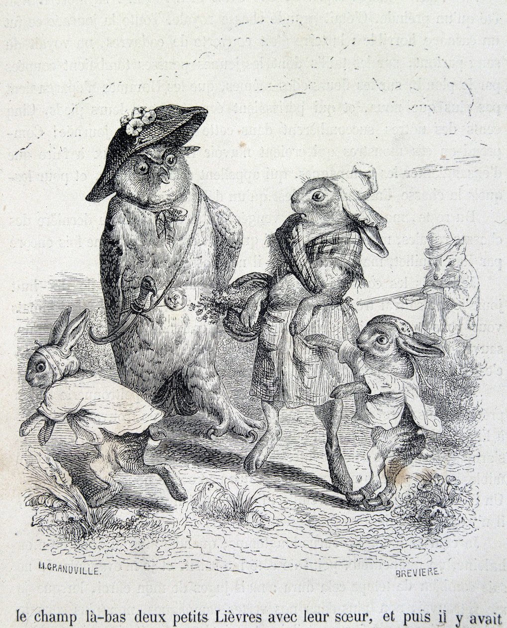 De två små hararna, deras syster och ugglan - vid Grandville av Grandville