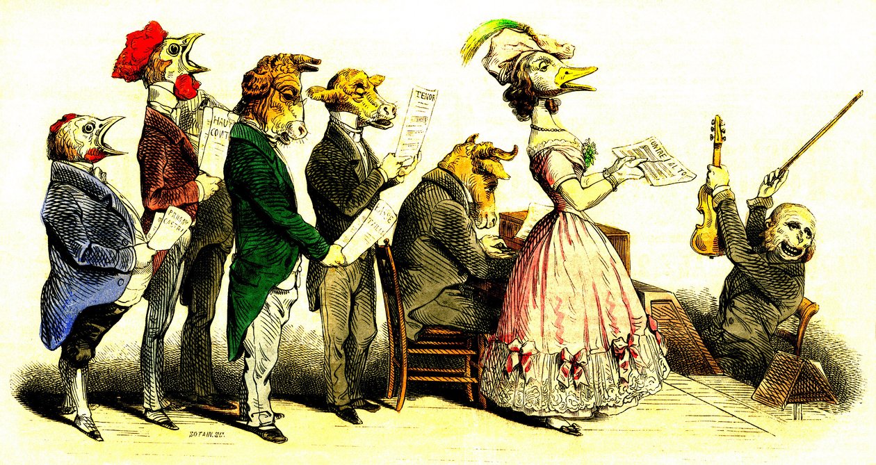 Vokalkonserten - Kör: sångare ett djurhuvud med kördirigent föreställande en apa - litografi av Grandville (Jean Ignace Isidore Gerard 1808-1847) ur boken "Les Metamorphoses du Jour" 1828. av Grandville (1803 47)