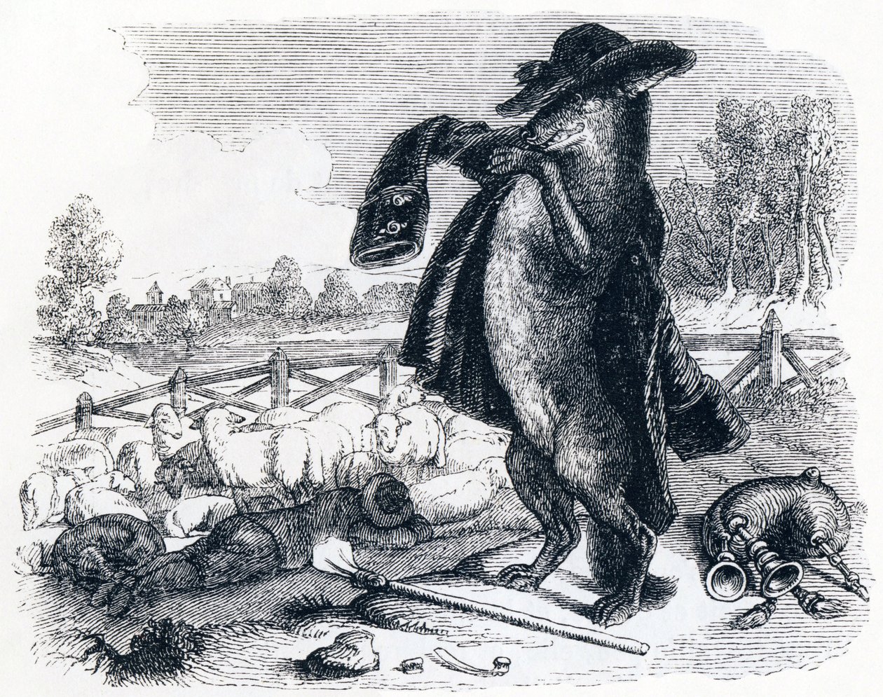 Vargen som blir herde (Le loup devenu berger) - Fables av La Fontaine av Grandville