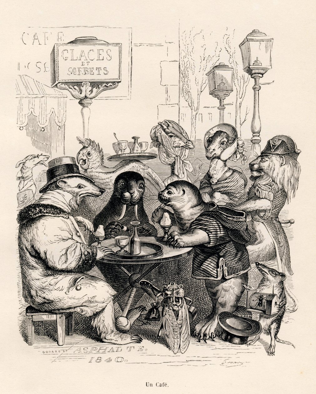 Ett kafé som besöks av alla slags djur. Miniatyrer illustrerade av JJ Granville. Gravyr signerad Godard i delen med titeln "Resan för ett afrikanskt lejon till Paris" skriven av Honore de Balzac i "Scener från djurens privata och offentliga liv". P av Grandville