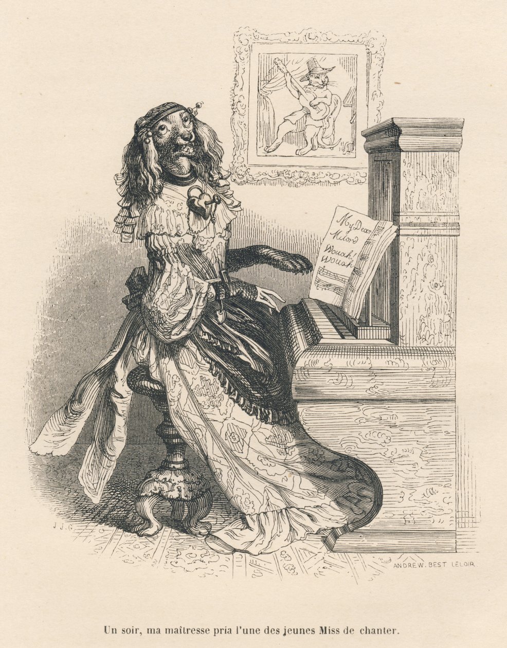 En hund som sjunger vid pianot. Vinjetter illustrerade av JJ Granville. Gravyr signerad Andrew, Best och Leloir i delen med titeln "Court sentences of an English cat" skriven av Honore de Balzac i "Scener av djurens privata och offentliga liv". Paris av Grandville