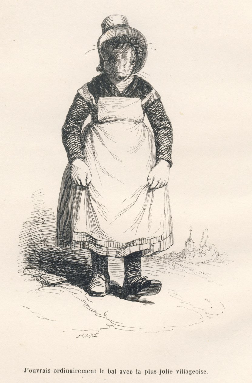 Byflicka på väg till balen. Vignetter illustrerade av JJ Granville. Gravyr signerad Caque i delen "L