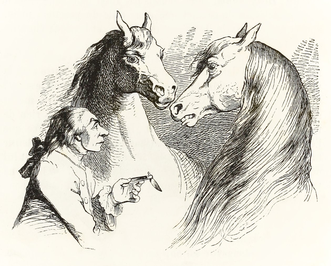 Gulliver samtalar med talande hästar i Houyhnhnms Land från Gullivers Travels av Jonathan Swift av Grandville