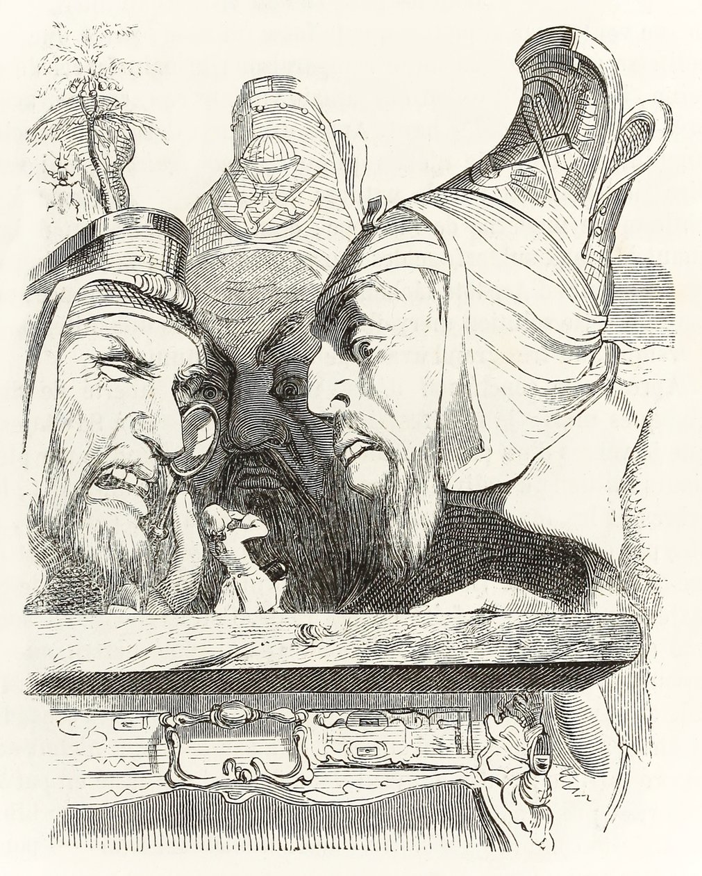Gulliver inspekteras av invånare i Brobdingnag, från Gullivers Travels av Jonathan Swift av Grandville