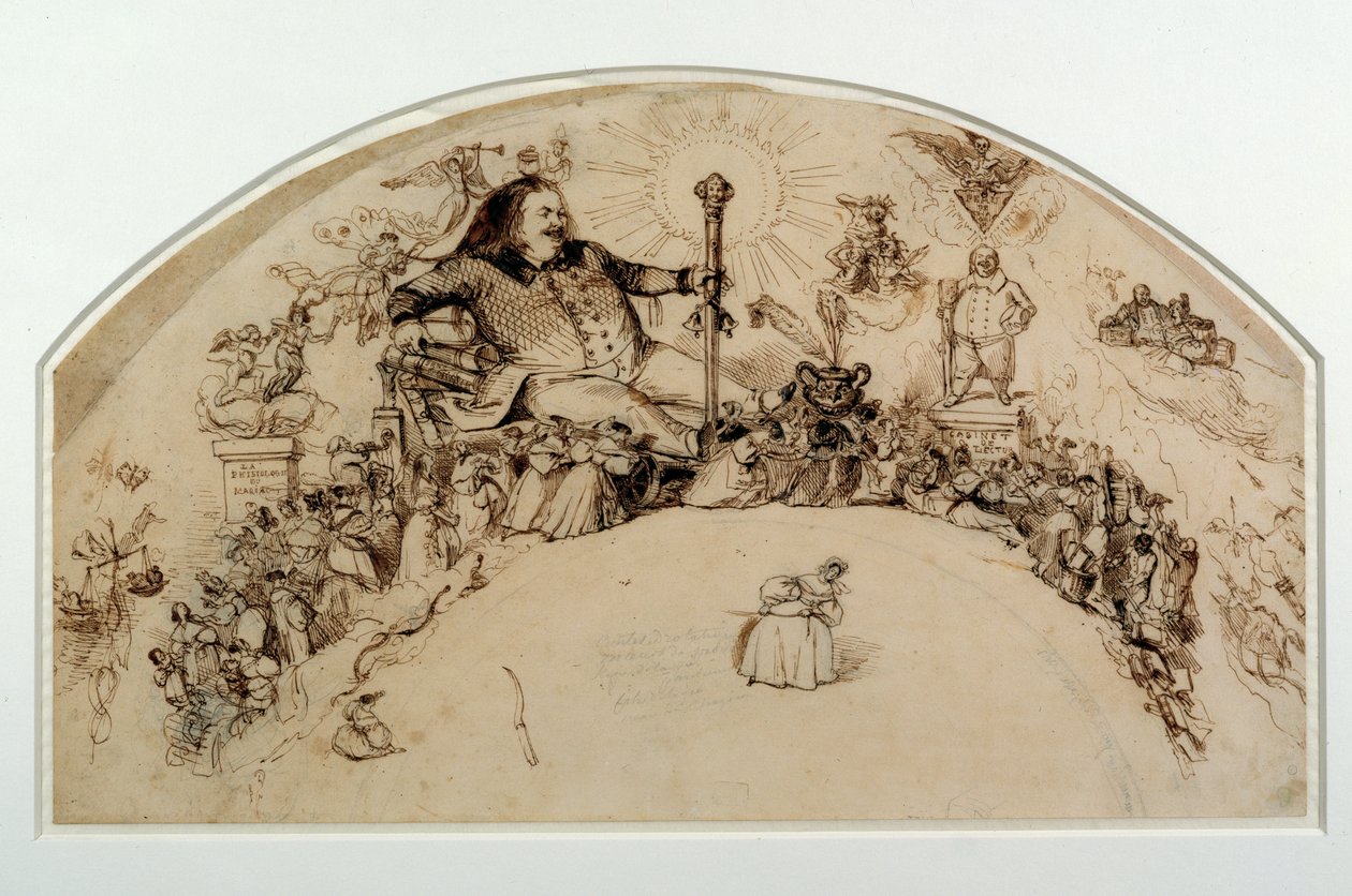 Honore de Balzac (1799-1850) bland karaktärer från hans romaner, design för ett fan av Grandville