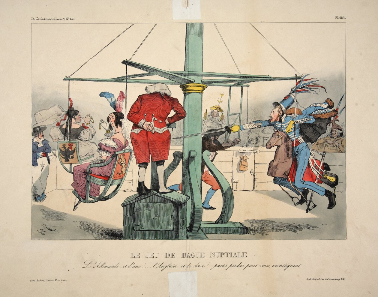 Bridal Ring Game. Den tyska... och en!... den engelska... och två!... spelet förlorat för dig, Monsignor, pub. 1833 av Grandville