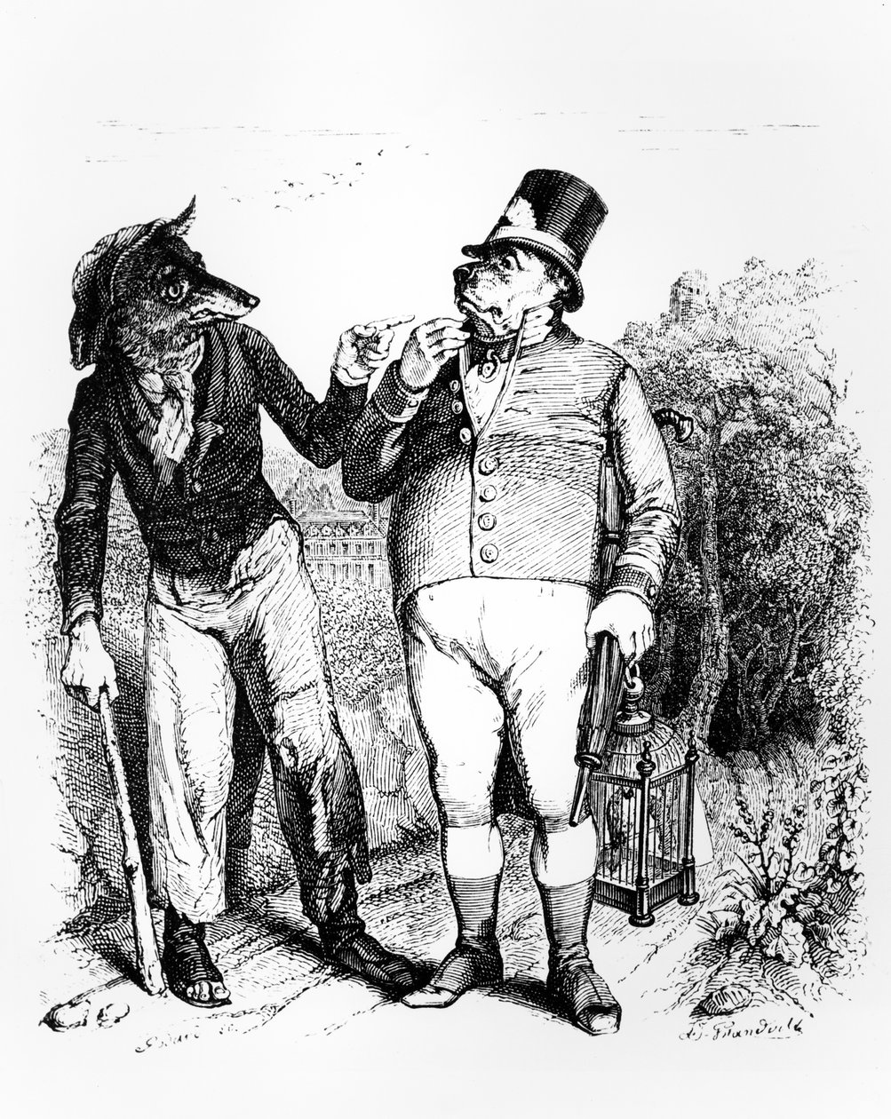 Hunden och vargen, illustration till La Fontaines "Fables", utgiven av H. Fournier Aine, 1838 av Grandville