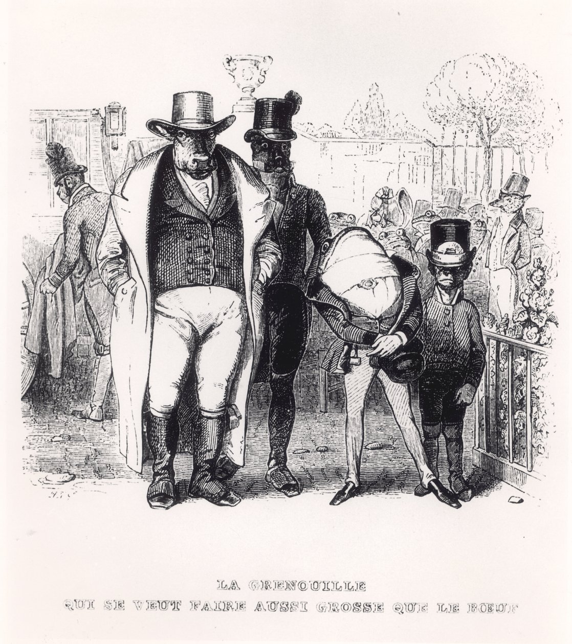 Grodan och oxen, illustration till La Fontaines (1621-95) "Fabler", utgiven av H. Fournier Aine, 1838 av Grandville