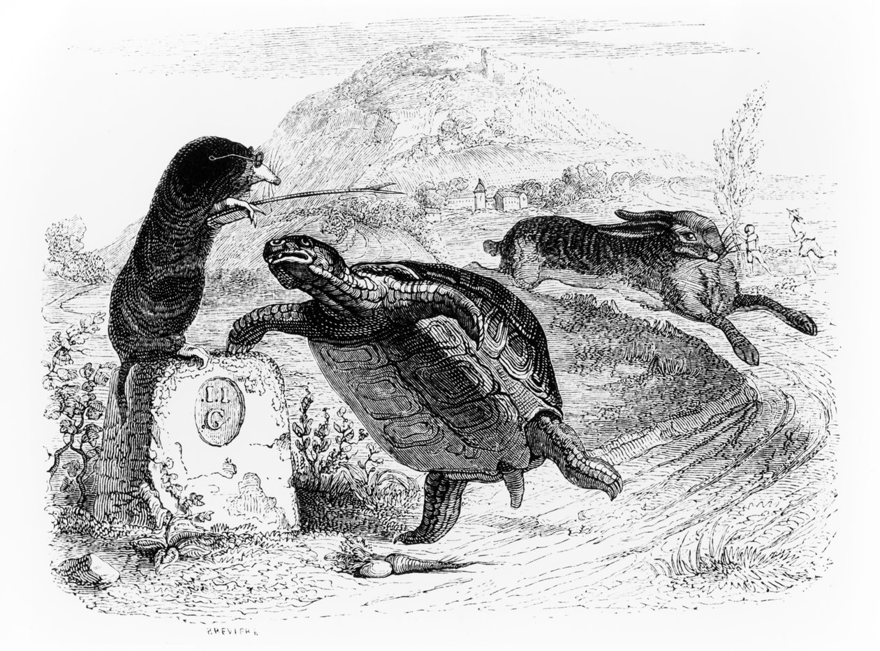 Haren och sköldpaddan, illustration till La Fontaines "Fables", utgiven av H. Fournier Aine, 1838 av Grandville