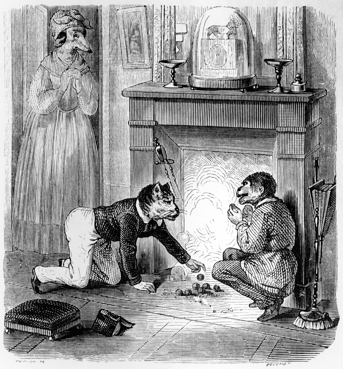 Apan och katten, illustration till La Fontaines (1621-95) "Fabler", utgiven av H. Fournier Aine, 1838 av Grandville