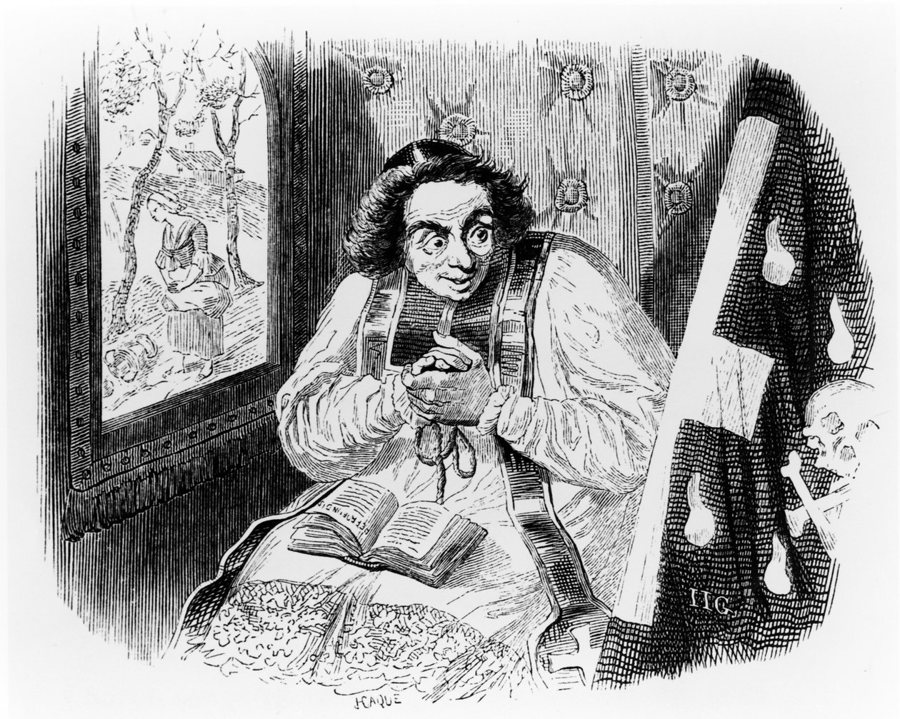 Prästen och liket, illustration till La Fontaines "Fables", utgiven av H. Fournier Aine, 1838 av Grandville