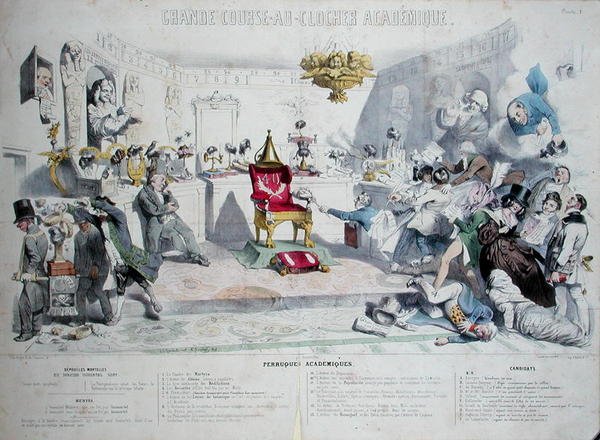 Grande Course au Clocher Academique, karikatyr föreställande Institut de France, 1839 (se även 218693) (färgstick) av Grandville 1803 47 after Grandville 1803 47 after
