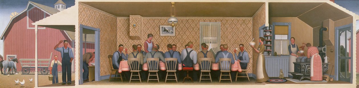 Middag för tröskarna, 1934 (olja på hårdpapp) av Grant Wood