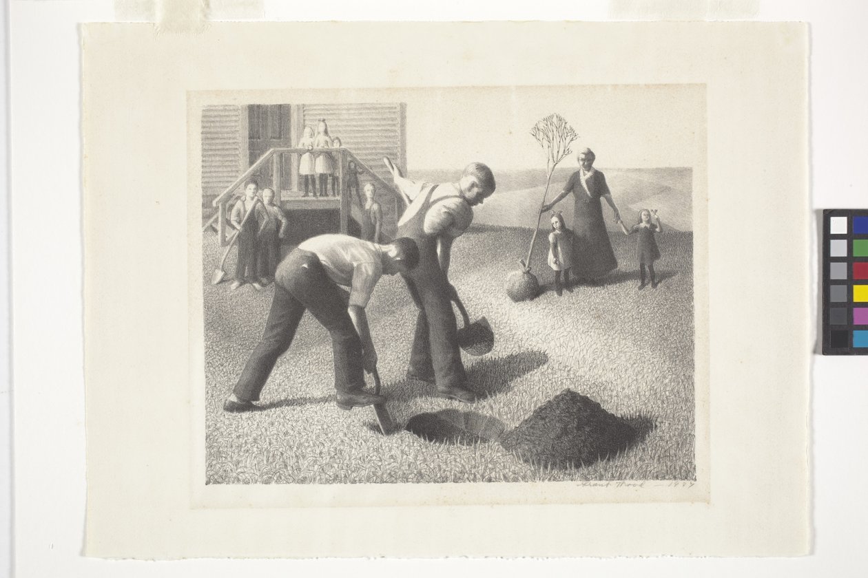 Trädplanteringsgrupp (litografi) av Grant Wood