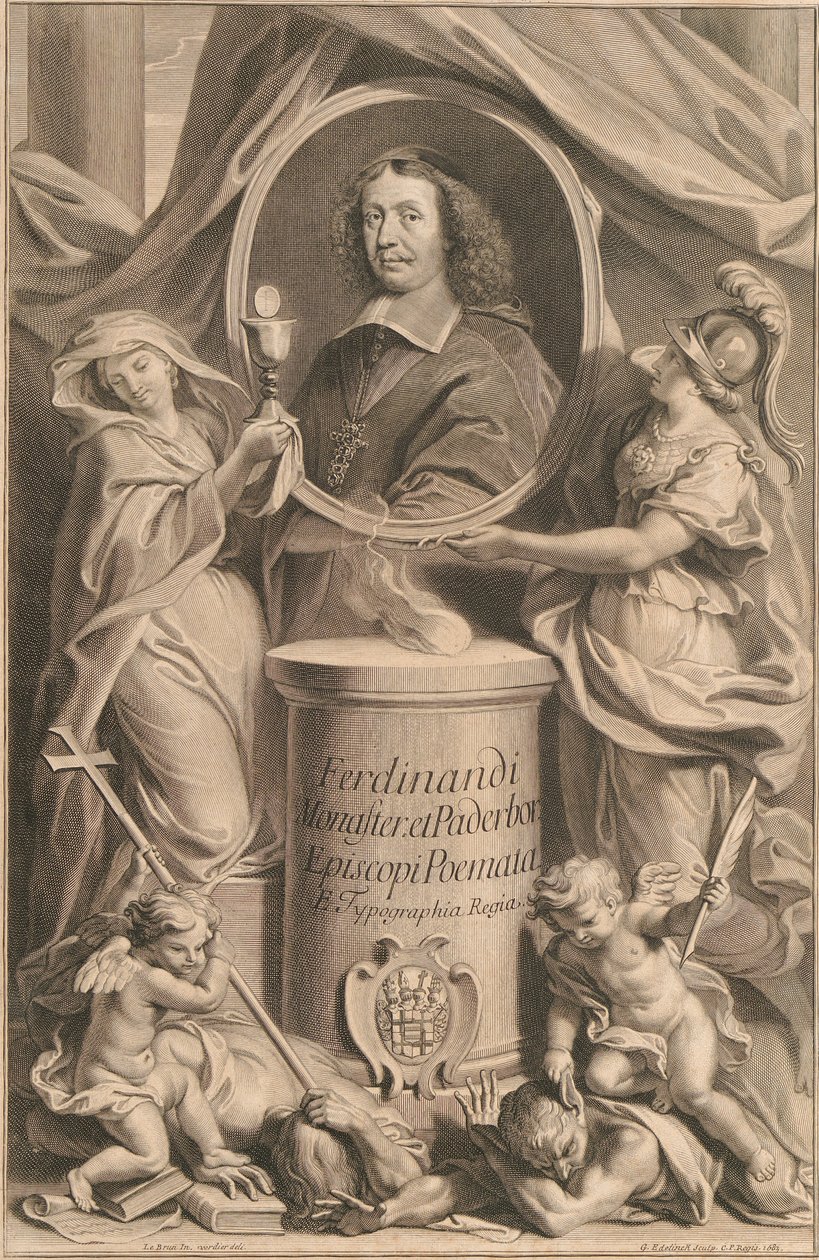 Zwei weibliche Gestalten, Religion und Weisheit, halten das Brustbild Ferdinands von Fürstenberg, während zu ihren Füßen ihre Genien Häresie und Unwissenheit zu Boden treten. av Gérard Edelinck