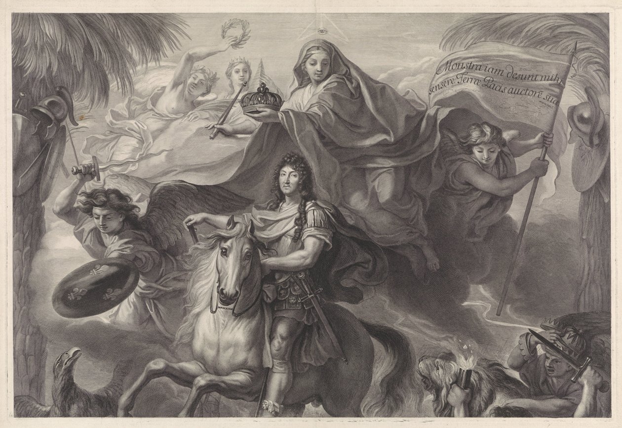 Allegoriskt ryttarporträtt av Ludvig XIV, kung av Frankrike av Gérard Edelinck