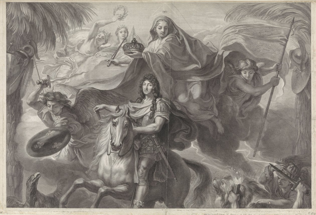 Allegoriskt ryttarporträtt av Ludvig XIV, kung av Frankrike av Gérard Edelinck