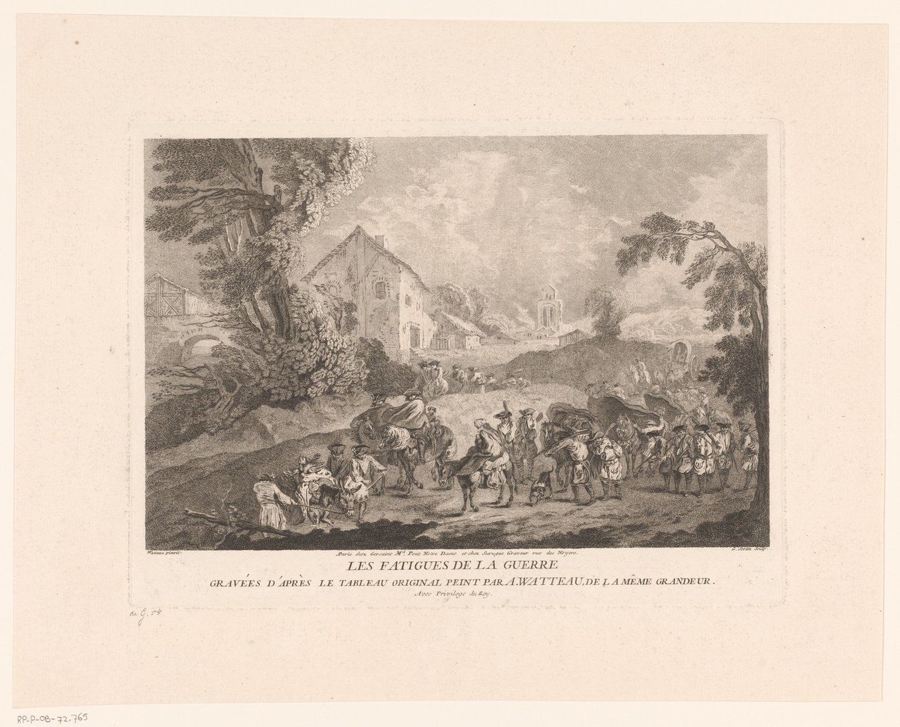 Landskap med en grupp soldater som marscherar med Les Fatigues de la Guerre (titel på objekt) Tryck efter Antoine Watteau (serietitel) L