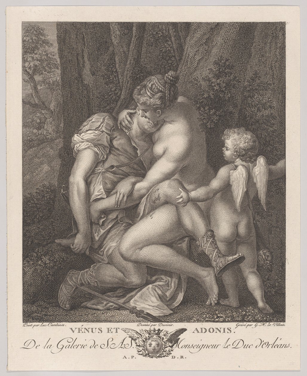 Venus som sörjer Adonis, sitter under ett träd och omfamnar honom, med Amor till höger, c..., ca. 1786. av Gérard René Le Vilain