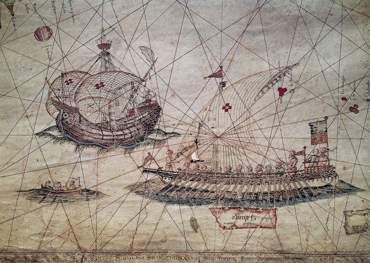 Galär och portugisisk karavel, detalj från Medelhavets sjökort av Grazioso Benincasa