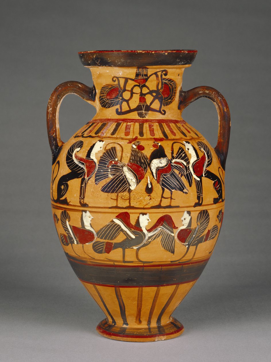 Atensk atisk svartfigur Tyrrensk amfora 575-50 f.Kr. (terrakotta) av Greek