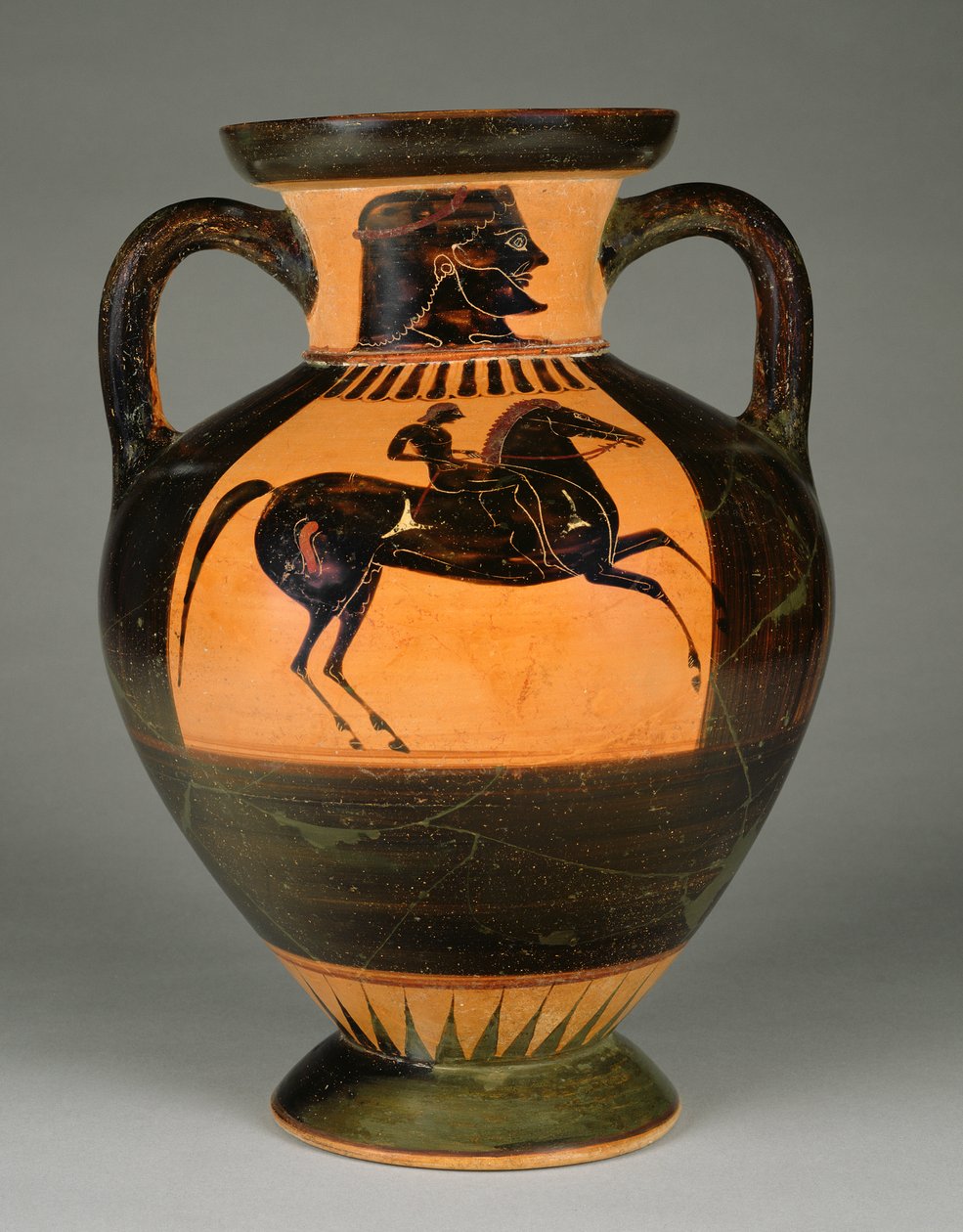 Atensk attisk amfora med svart figur med naken ryttare, ca 570-60 (terrakotta) av Greek