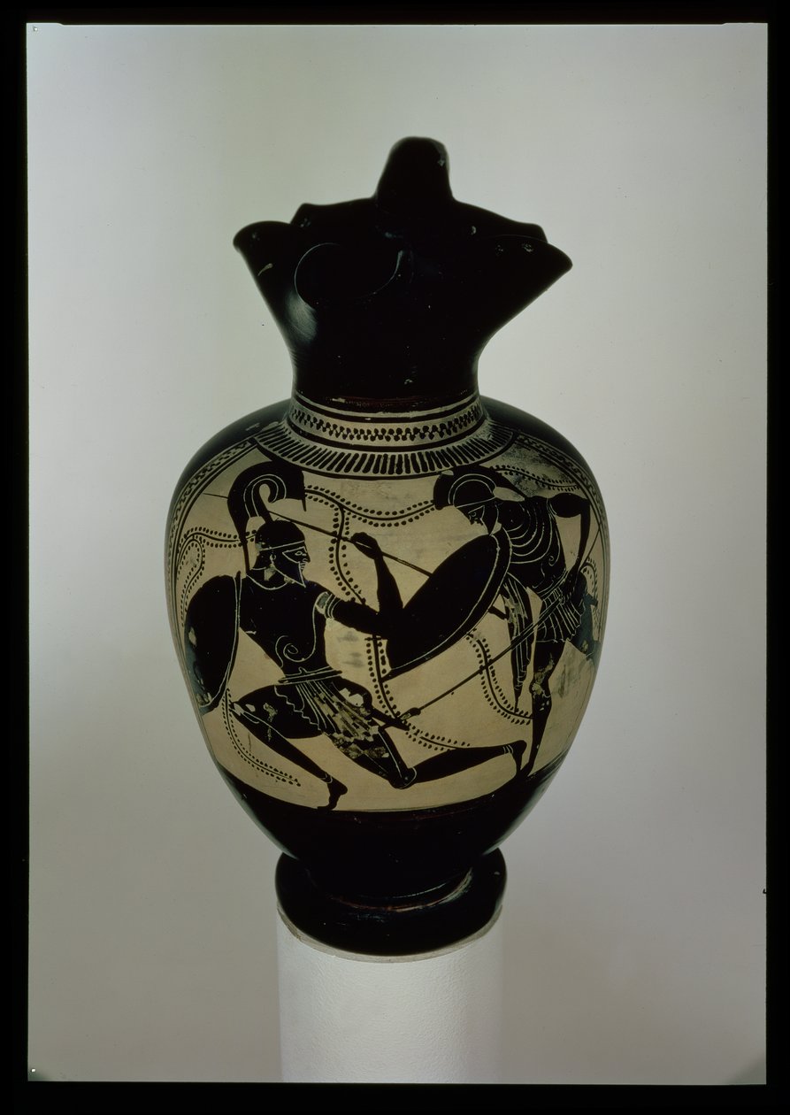 Atenisk oinichoe med svart figur dekorerad med två stridande krigare (keramik) av Greek